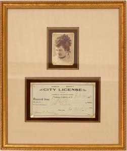 Actual prostitute license from 1898, a professionally framed and mounted carte de visite of a woman named Amelia in Tombstone, Arizona Territory ($2,250).