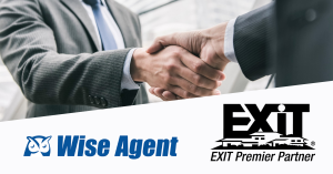 Two people shaking hands with Wise Agent logo and Exit Realty Logo