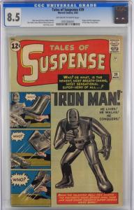 Copy of Tales of Suspense #39 (March 1963), graded CGC 8.5, featuring the origin and first appearance of Iron Man; cover art by Jack Kirby (estimate: $50,000-$80,000).