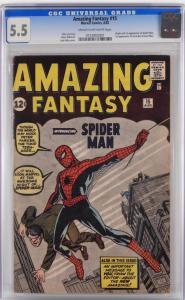 Copy of Amazing Fantasy #15 (Aug. 1964), graded CGC 5.5 with the origin and first appearance of Spider-Man (estimate: $50,000-$80,000).