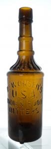 This Dr. Wonser’s USA Indian Root Bitters bottle with an applied top, medium amber in color and showing lots of uneven glass and whittle, could sell for $10,000-$20,000.