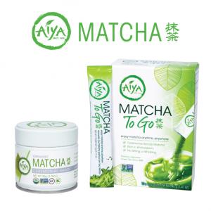 Aiya Matcha logo, Ceremonial Matcha 30 gram tin, Matcha To Go Sticks box with stick leaning on side