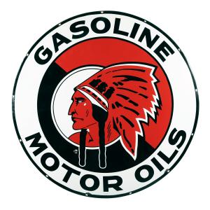 Circa 1930s Red Indian single-sided porcelain sign, also circular, five feet in diameter, from Harron’s General Store in Elsinore, Ontario. Their slogan: “Call Elsinore, 424”. (CA$27,140).