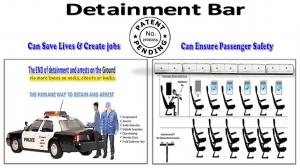 Image features the new and innovative Detainment Bar Restraint invention, patent pending.  Two illustrations demonstrate applications of use which include: attached to the rear of law enforcement vehicles eliminating the need for arrests on the ground, an