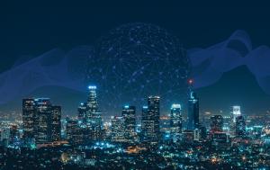Night time Cityscape with technology globe overlay