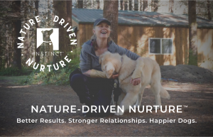 Image of a smiling woman outside in nature, knelt down and affectionately petting a young golden retriever dog. The words "Nature-Driven Nurture: Better Results. Stronger Relationships. Happier Dogs" appear at the bottom of the image. A circular "Instinct