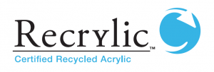 Recrylic logo: Recrylic certified recycled acrylic text next to a blue circle with a circular arrow inside