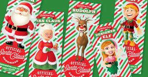Five bookmarks. Each features a single character. There's Santa Claus, Mrs Claus, Rudolph, Designer Elf, and Light Up Elf.