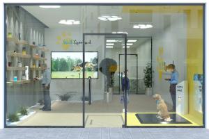This image is a design rendering reflecting the prototypical front-of-store layout.  In the right of the image, you can see the unique wellness center part of the store.   To the left, a large flat screen TV is visible where training and support is broadc