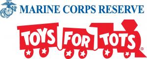 A logo made of three red train cars with the words Toys for Tots in white