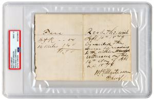 Autograph document signed by lawman Bat Masterson, with over 30 words, numbers and figures written in his hand, graded Mint 9 (estimate: $27,500-$30,000).