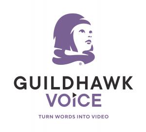 Guildhawk trademark symbol of Guildhawk Voice the revolutionary AI powered technology that creates amazing lifelike avatars of humans to turn words into multilingual video. Design and strapline turn words into video are copyright of Guildhawk Limited