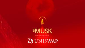 Image of Musk Gold logo, a rocket, with the Uniswap logo and the words available now