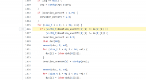 Image shows the line in the Raptoreum miner code which checks for modified donation address