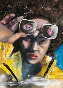 Mixed media painting featuring woman with an afro holding up her sunglasses and gazing at the viewer.