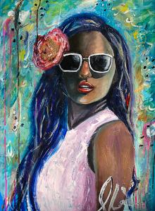 Mixed media painting featuring an African American woman with long dark hair and sunglasses on.