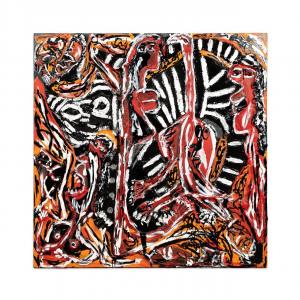 Paint and mixed media on canvas by Thornton Dial (American, 1928-2016), titled Struggling Tiger (The Tiger Penned In), 60 inches square (estimate: $30,000-$60,000).