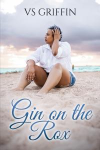 Gin-on-the-rox-book-cover-author-vs-griffin-seated-in-sand-on-beach-white-shirt-jean-shorts