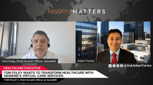 ALT="Adam Torres is host and producer of Mission Matters Innovation Podcast. He is pictured here interviewing Tom Foley, Chief Growth Officer of GenieMD, in a side-by-side picture."