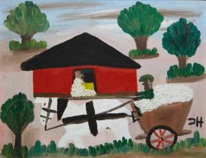 Oil on canvas by Clementine Hunter (1887-1987), titled Hauling Cotton, signed lower right (estimate: $3,000-$5,000).