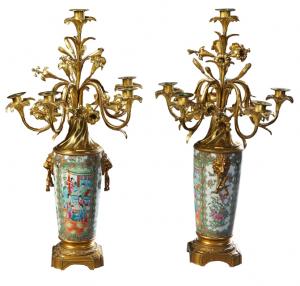 Pair of early 20th century Chinese famille rose porcelain and gilt bronze six-light candelabra, 24 inches tall (estimate: $1,000-$2,000).