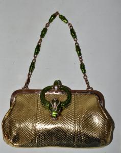 Rare and unusual circa 1984 Gucci evening bag with enameled crystal snake head clasp.