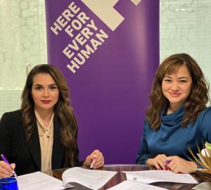 Photo shows from right to left: Raya Homsi, Head of Institutional Funding at Human Appeal and Shaimaa AlWassiti,  Globus Relief's President.