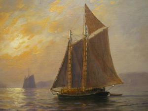 Oil on canvas by Fred Pansing (N.Y./Germany, 1844-1912), depicting Hudson River Schooners sailing in the widest part of the Hudson River, painted circa 1880.