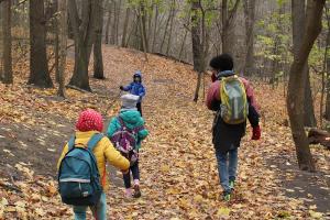 This image shows participants in the Fall 2020 Raccoons Nature Club going on a hike along the trails of High Park while wearing face masks.