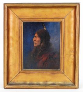 Original portrait painting by Edgar S. Paxson (Mont., 1852-1919), of a Native American man with a strong side profile, long thick black hair ($12,500).