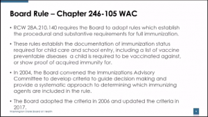 Screenshot of slide presented at WA State Board of Health Meeting explaining Board Rule Chapter 246-105 WAC. In 2004, the Board adopted Criteria for Inclusion, updated in 2017, which they use to help determine whether they will add a vaccine to the school