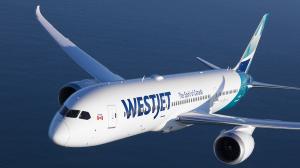 Close-up of a WestJet Boeing 787 aircraft flying over water