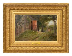 Oil on canvas painting by Willard Leroy Metcalf (Mass., 1858-1925), titled The Barn Door, signed lower left and housed in a period giltwood frame ($37,200).