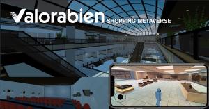 This image shows some areas of the Mall that VALORABIEN is building within its Metaverse. The central Hall of the Mall, a movie theater and the avatar of a user inside a store are observed.