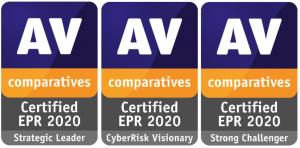 Drei Logos der EPR-Produktzertifizierungen von AV-Comparatives für 2021. Strategic Leader, CyberRisk Visionary, Strong Challenger
