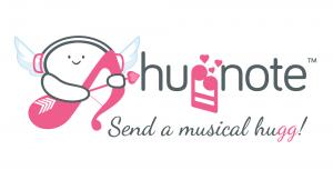 Huggnote logo with the two g's in Huggnote used to denote two musical notes facing each other as though hugging