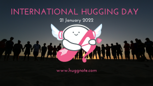 Huggnote logo against a background of people holding hands