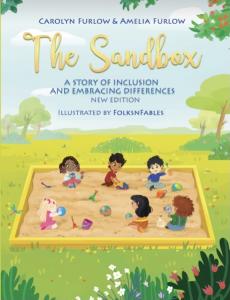 The characters of The Sandbox Series are playing together inside of a sandbox with green trees in the background and flowers in the front of the sandbox.