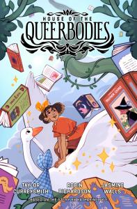 The cover of the House of the Queerbodies comic featuring the main character Ellen, who is a young Malay girl, riding on the back of a giant goose, who is Mother Goose's gander. The characters are flying and surrounded by fairy tale books. In the backgrou
