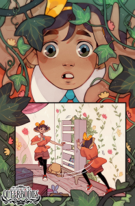 Two panels of a comic page. The top panel is a close up of main character Ellen's face with a blue sky and green hills reflected in her eyes as she looks through leafy vines. The bottom panel shows Ellen moving around the bookcase she was looking through