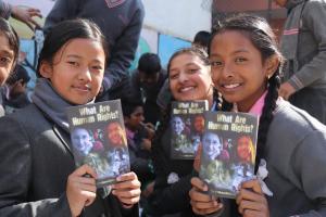 Students from Nepal learn about their basic human rights, including the Right to Education.