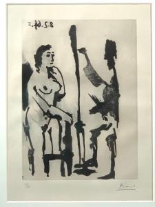 Aquatint by Pablo Picasso from the artist’s Sable Mouvant (1964), published in 1966, of a painter and model (estimate: $2,000-$4,000).