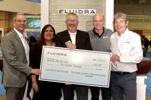 Executives from Fluidra and Pool & Hot Tub Alliance with donation check for Step Into Swim