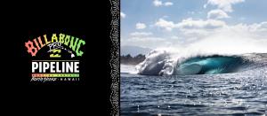 The 2022 Billabong Pro Pipeline Logo and wave at Pipeline