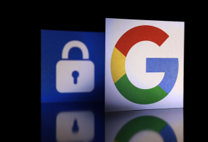 Google logo beside the blue icon of a lock