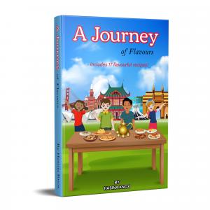 A Journey of flavours, Children’s book, 4 ethnic children on the cover travelling to 7 continents and tasting different foods.
