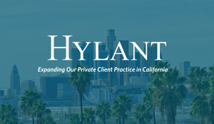 Photo of palm trees in front of buildings with text reading Hylant Expanding Private Client Practice in California