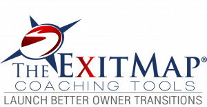 Red and blue compass rose above text that says The ExitMap Coaching Tools, Launch Better Owner Transitions