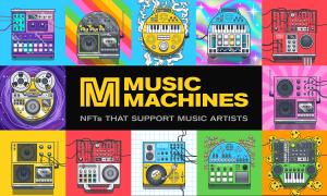 A collection of colorful Music Machine NFTs surround a logo and text reading "NFTs that support music artists"