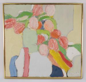 Original painting by Roger Mühl (France, 1929-2008), depicting pale pink and red tulips in a celadon colored vase (estimate: $8,000-$12,000).